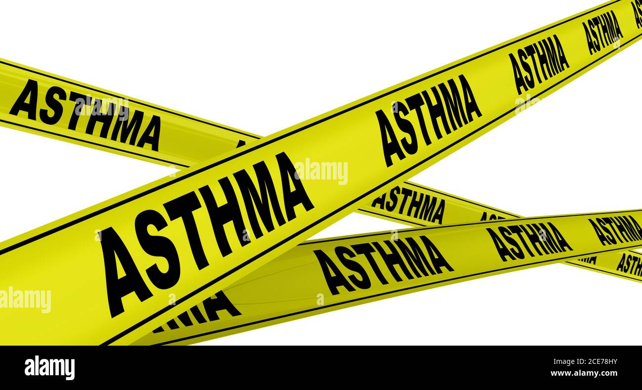 Asthma. Yellow warning tapes with black words ASTHMA (disease of the airways of the lungs). Isolated. 3D Illustration Stock Photo