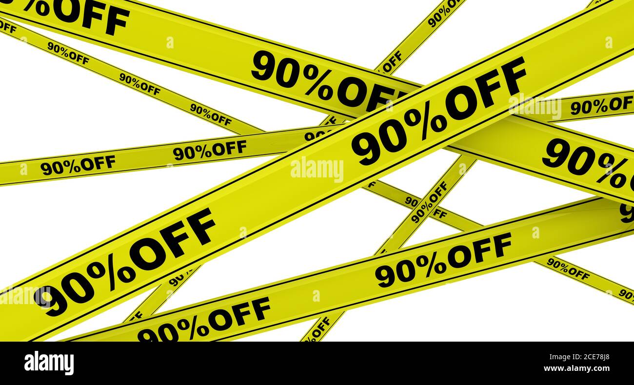 Discount of ninety percentage. Yellow warning tapes with black text 90%OFF (ninety percentage off). Isolated. 3D Illustration Stock Photo