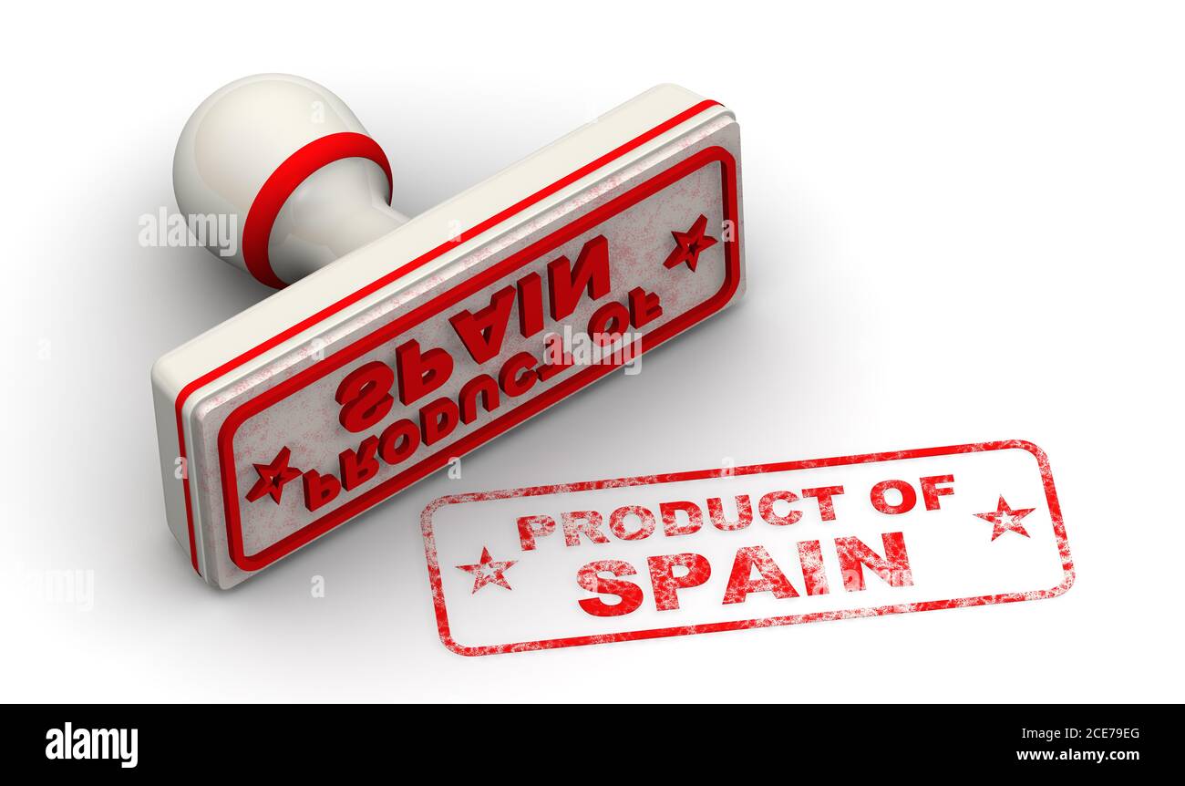 Product of Spain. The stamp and an imprint. White seal and red imprint PRODUCT OF MEXICO on white surface. 3D illustration Stock Photo