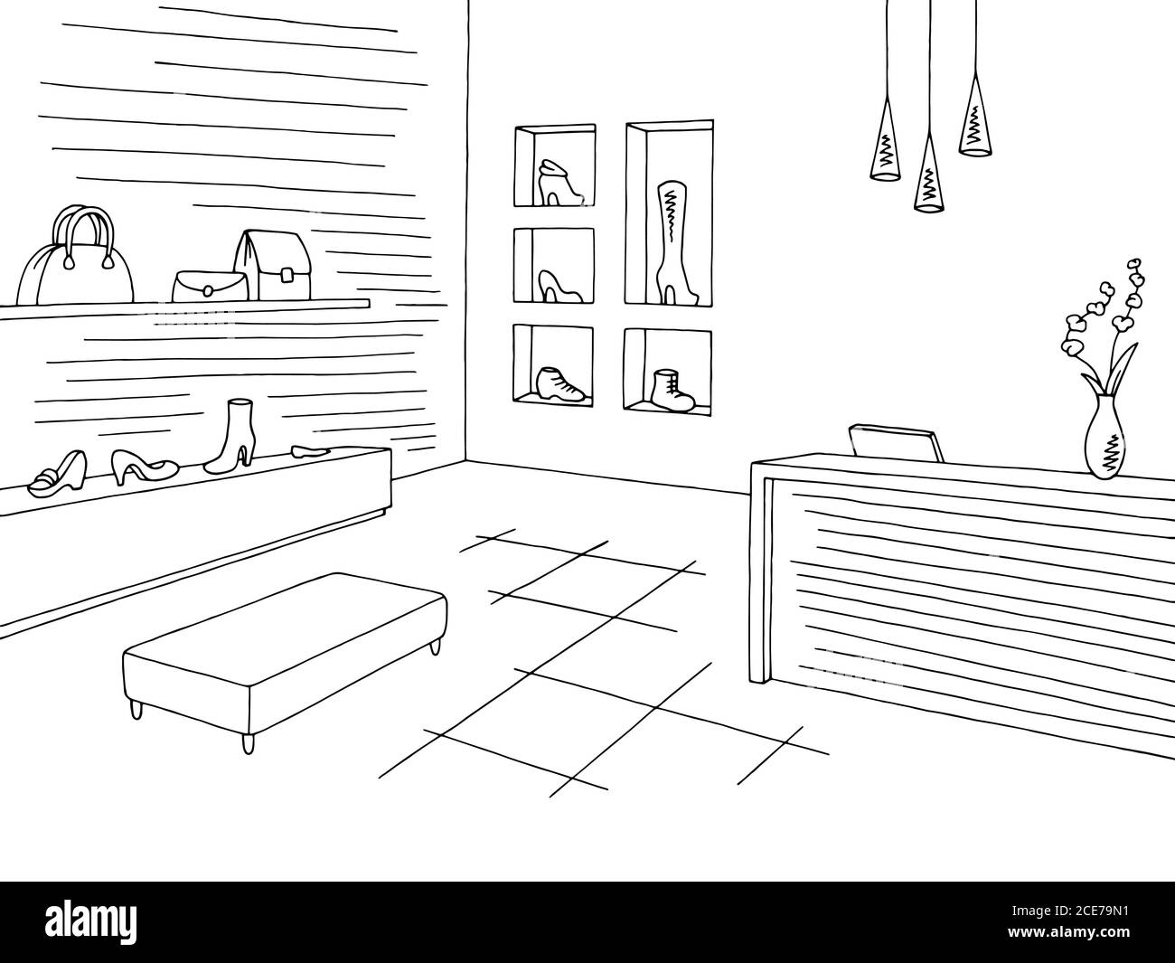 Shoe shop graphic black white interior sketch illustration vector Stock Vector