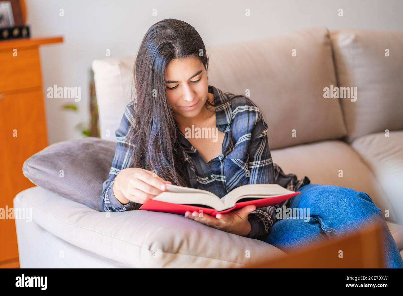 Young Woman reading book at home Stock Photo