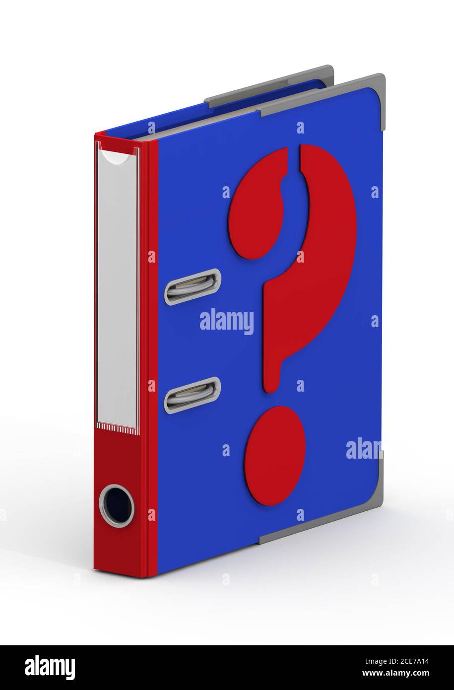 Ring binder with a question mark. Blue office folder with a red