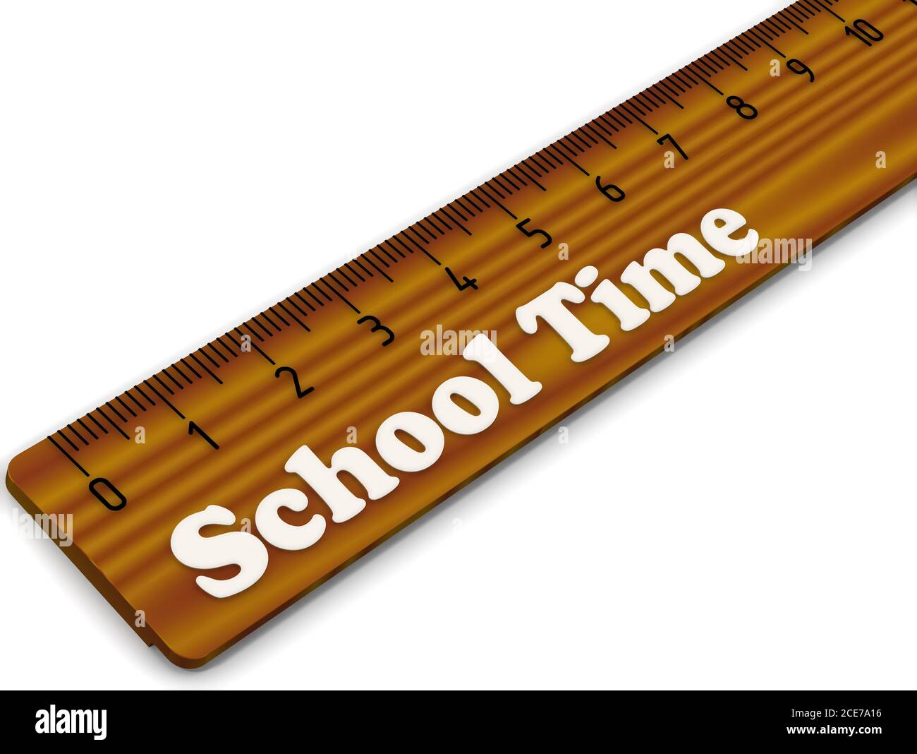 Wooden ruler labeled with white word SCHOOL TIME on white surface. 3D