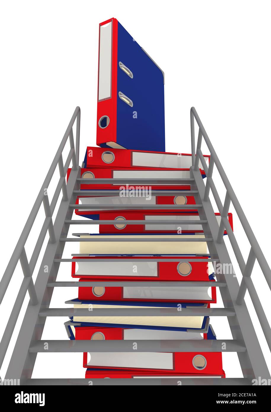 Stairs and a stack of office folders on a white surface. The concept of