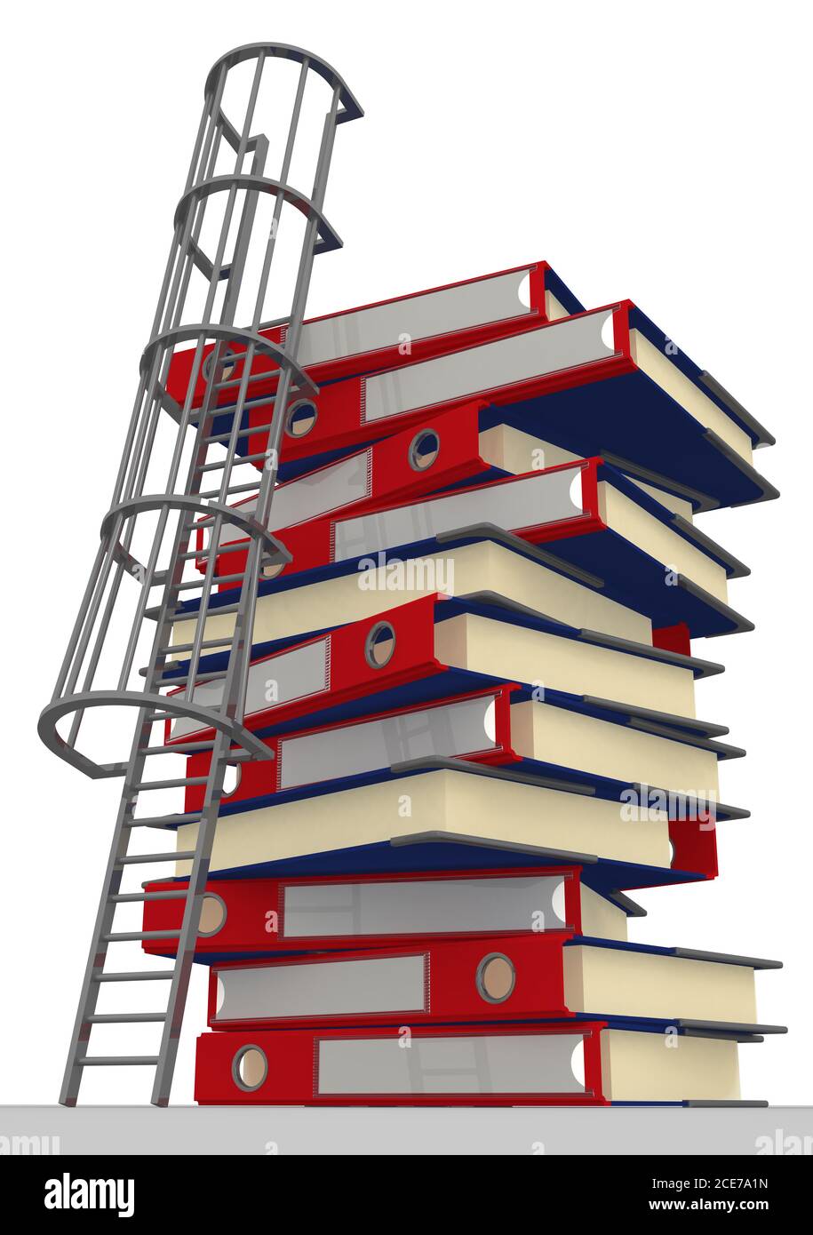 Stairs and a stack of office folders on a white surface. The concept of