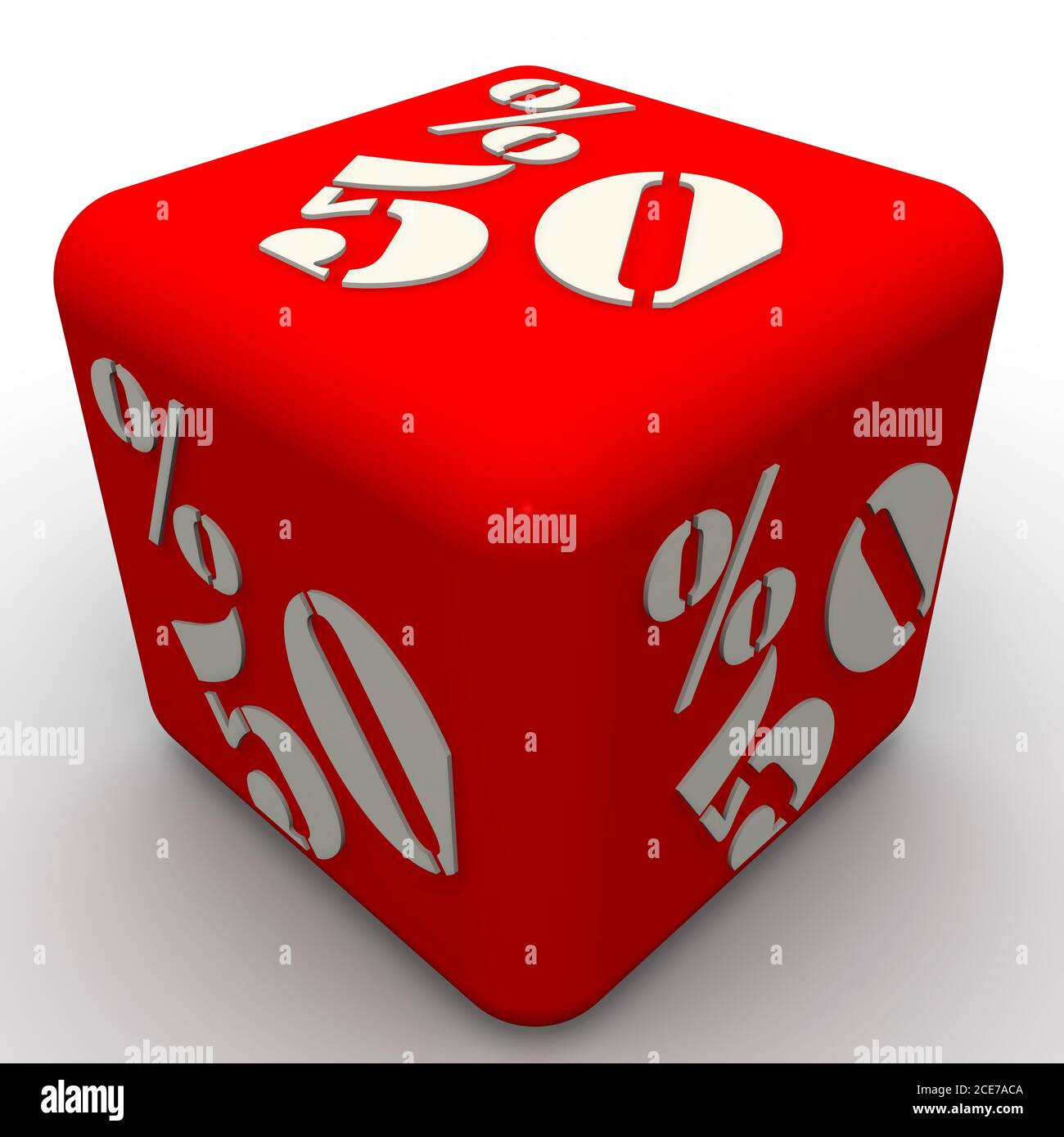 One cube labeled fifty percentages. Red cube with white text 50% (fifty ...