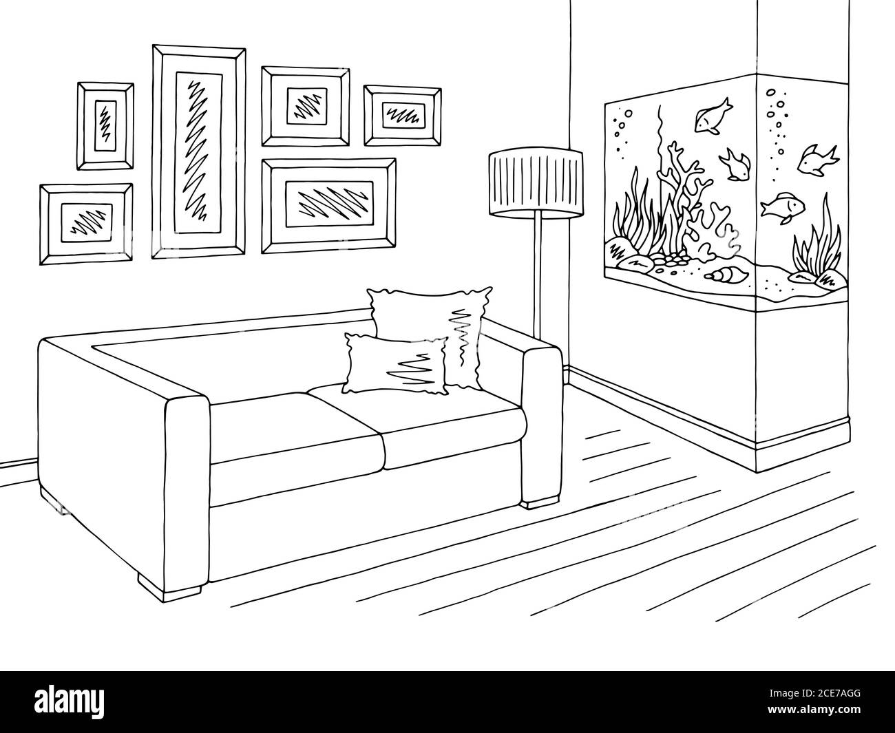 Living room graphic black white aquarium interior sketch illustration