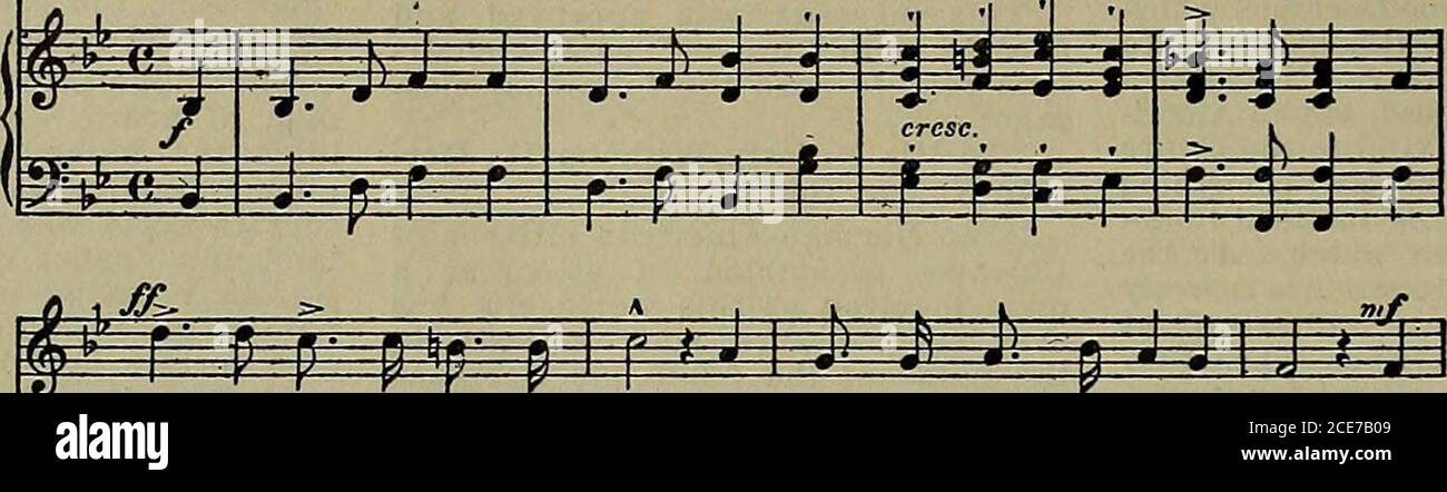 . War echoes; or Germany and Austria in the crisis .. . |el.den.va.. ter nie.derscliaraiundBint nochgltiht,nocli ei . ne Faast den De-gen zieht,nndWo . gc rinnt,die Fah.nen flat.tern hoch imWind: am. 1. Rhein, zum Rliein,zuin deiit.schen Rhein! wer will des . Stro . mes Hu.ter sein!3. Dent, sche, bie . der,fromni iind-stark, be . schiitzt die heil . ge Landes . Mark. 3. Sfhwort mit stol . zer Kamp.fes . Inst: „Dii, Rhein,blteib.stdeutschwiemci-nev Brust!} Lieb 4. noch ein Arm die Biicn. se spannt, be * tritt kein Feind hier dei.nen Strand! 5. Rhein, am Rhein,am deiit.schen Rhein, wir al . le w Stock Photo