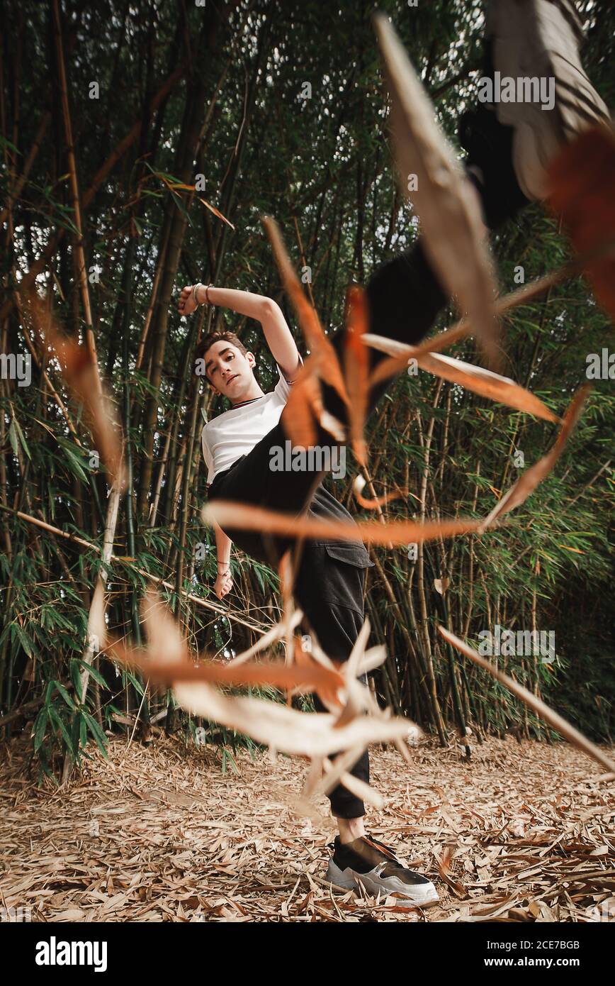 Sportive guy in casual wear and sneakers standing with raised leg and hand while doing improvisational dance trick on faded leaves near overgrown thickets and looking at camera Stock Photo