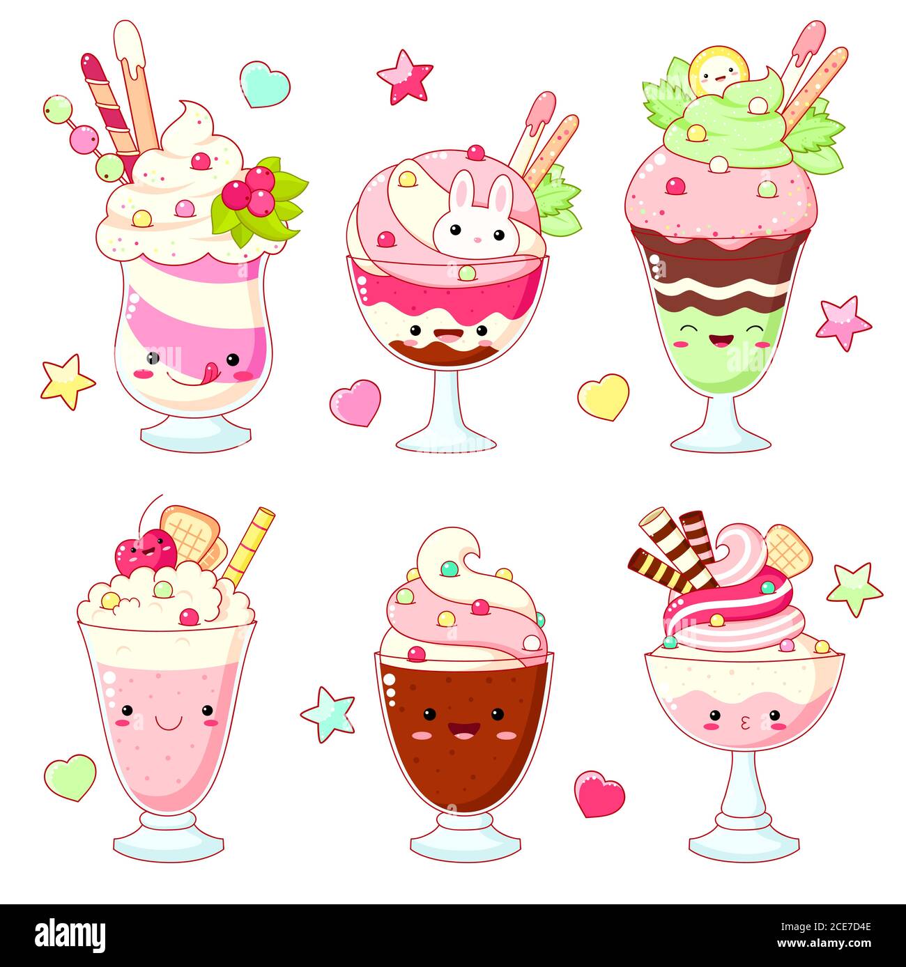 Set of cute sweet icons in kawaii style with smiling face and pink ...