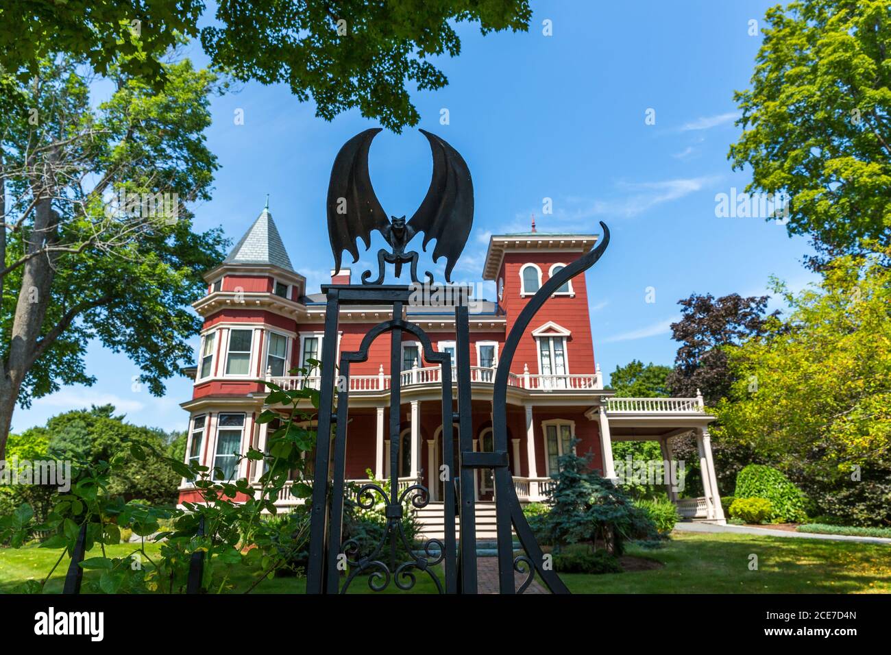 Caption Bangor, USA - 27th August 2014: Detail of the gate and house of Stephen King, in Bangor, Maine, USA. Stephen King is famous as an author of ho Stock Photo