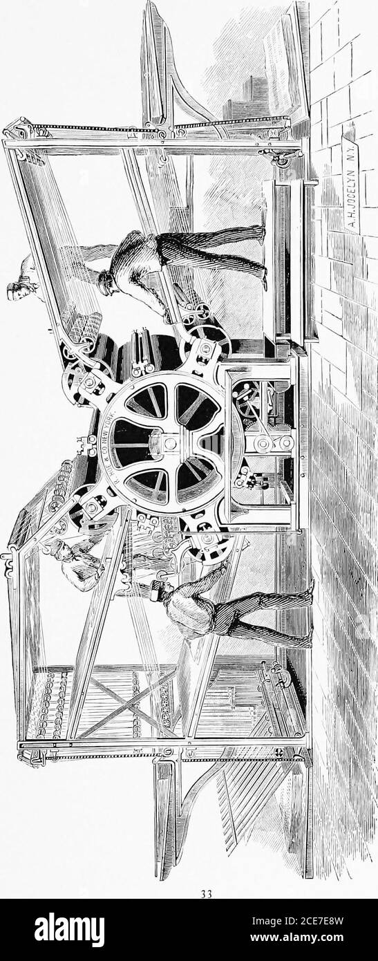 . A short history of the printing press and of the improvements in printing machinery from the time of Gutenberg up to the present day . impression cylinders, necessitating fourboys to feed the sheets. The running speed obtained was about2,000 sheets to each feeder per hour, thus giving, with what wascalled a Four Feeder or Four Cylinder machine, a runningcapacity of about 8,000 papers, per hour, printed upon one side. Asthe demands of the newspapers increased, more impression cylinderswere added, until these machines were made with as many as tengrouped around the central cylinder, giving an Stock Photo