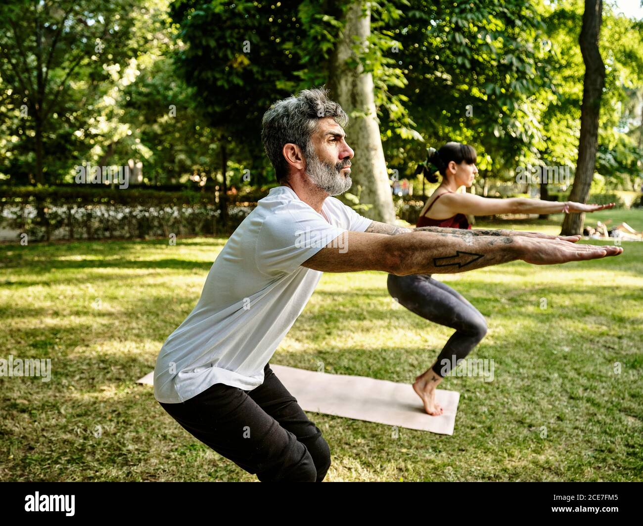 Side view of concentrated couple in sportswear balancing barefoot on mats in Utkatasana while practicing yoga in green garden Stock Photo