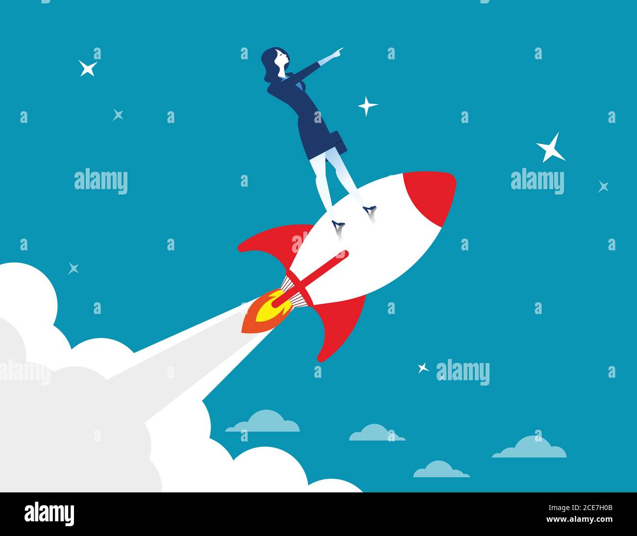 Standing Rocketship Start up. Businesswoman standing on rocket ship flying through starry ...