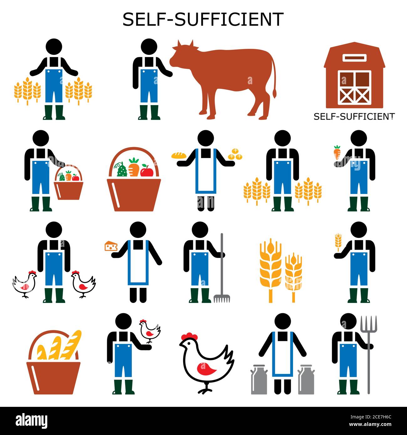 Self-sufficient farmer vector color icons, self sufficiency farming concept, eco and green living design collection Stock Vector