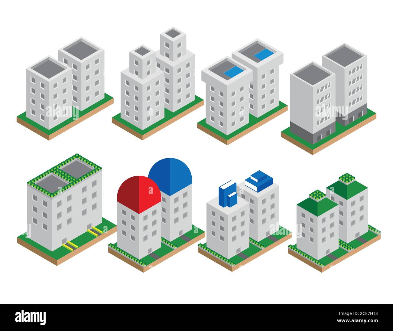 Set of the isometric vector elements. Skyscrapers, park with ponds, city buildings and shops Stock Vector