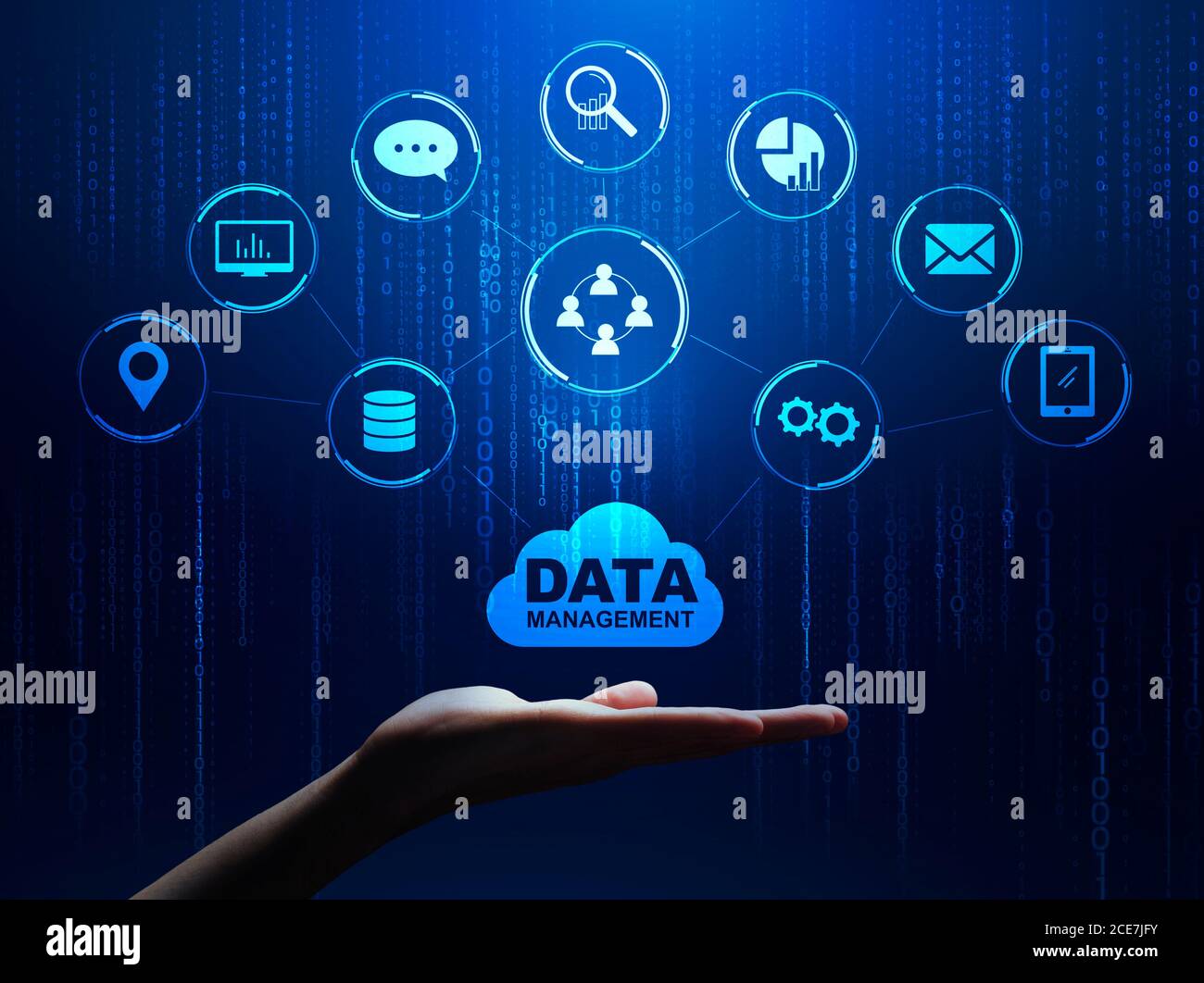 Data Management Infographic System With Different Multimedia Icons Over Male Hand Stock Photo
