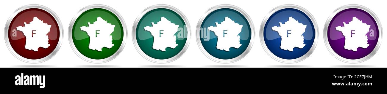 Map of France icons, set of silver metallic glossy web buttons in 6 ...