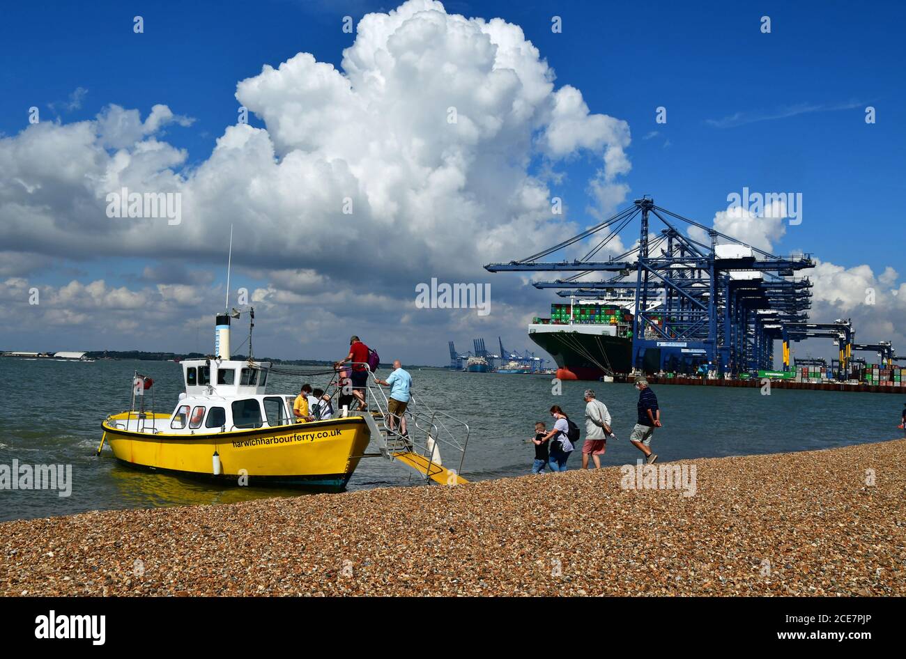 Ferry from Felixstowe to Harwich, calling on the beach beside Felixstowe Port, Suffolk, UK Stock