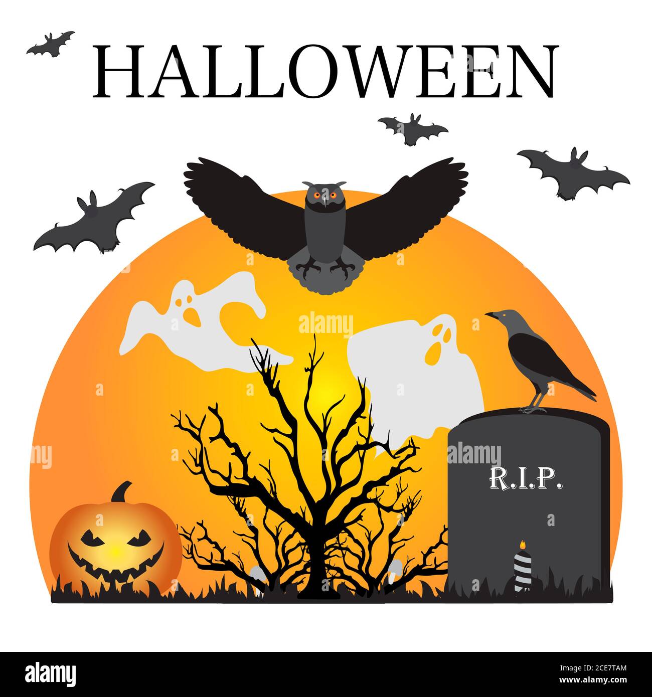 Halloween Party Vector Illustration Full Moon Bat Tree Owl Grave Candle Raven Jack O