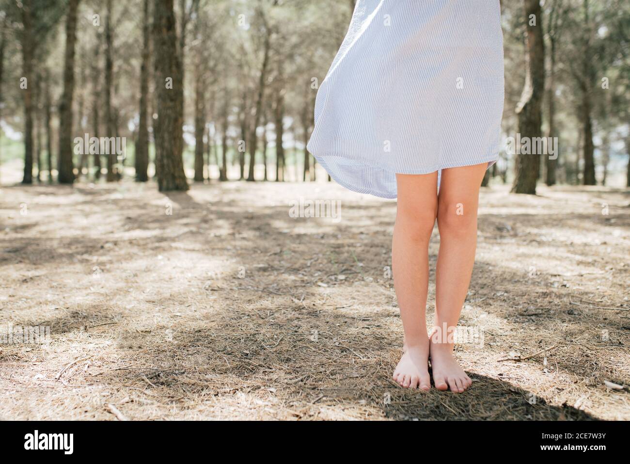 Crop unrecognizable slender barefoot child in pale blue dress standing on dry terrain in alley on sunny day in countryside Stock Photo