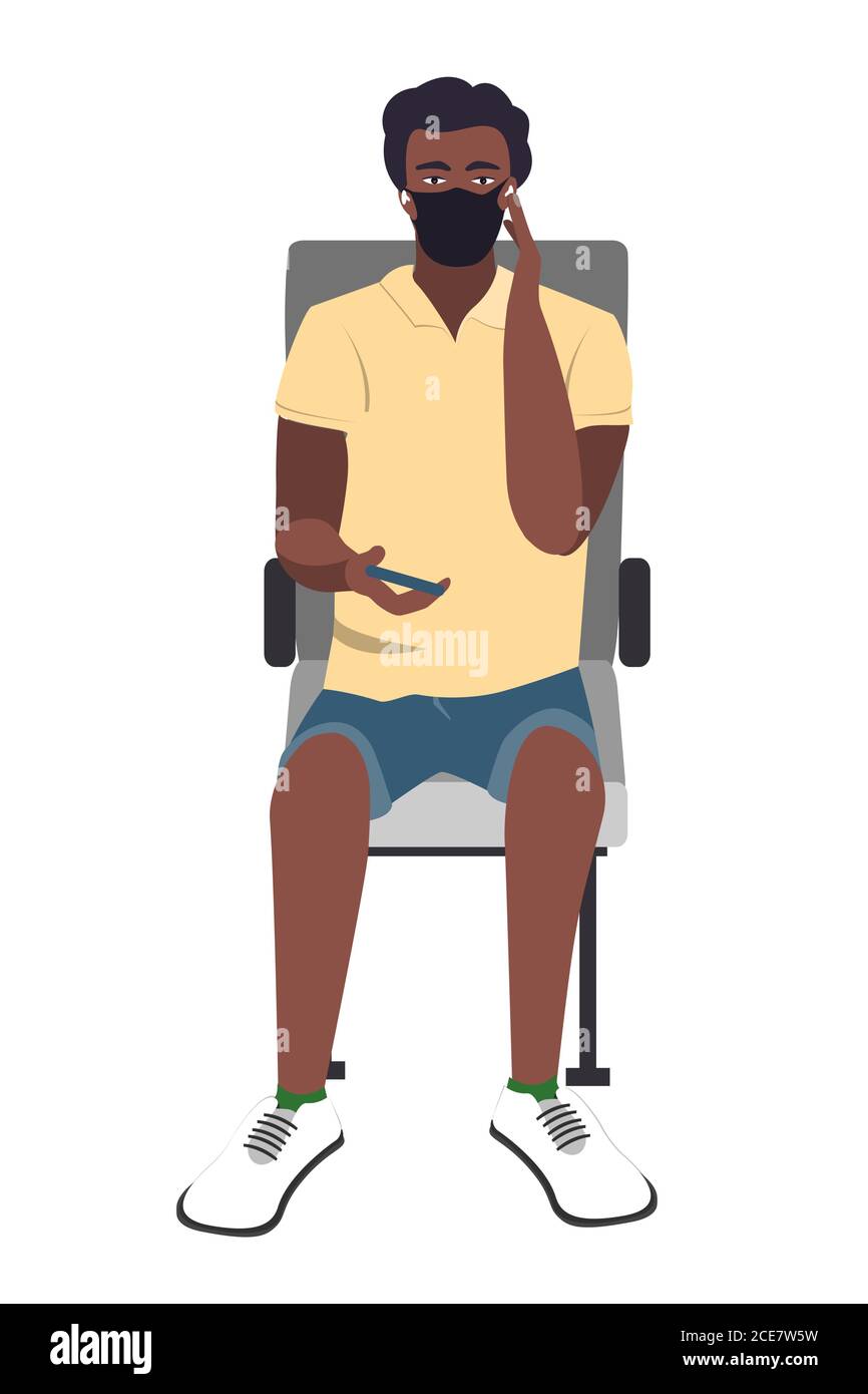 Seating African young guy with medical face mask using smartphone. Vector illustration. Train passenger with protective mask texting on mobile phone Stock Vector
