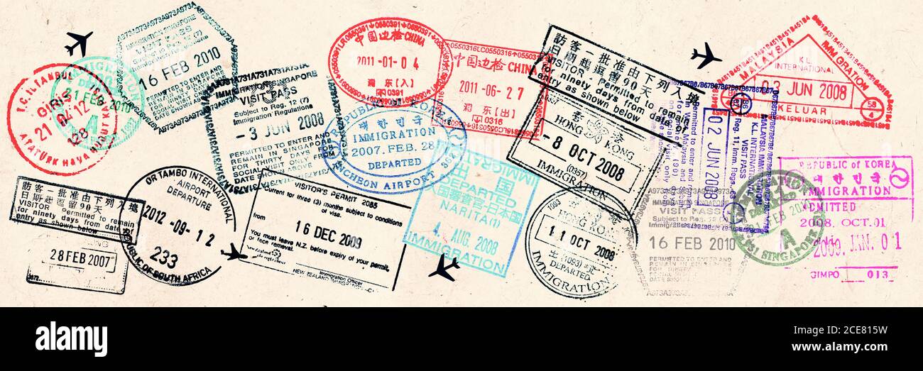 Passport visas stamps on sepia textured, vintage travel collage background Stock Photo