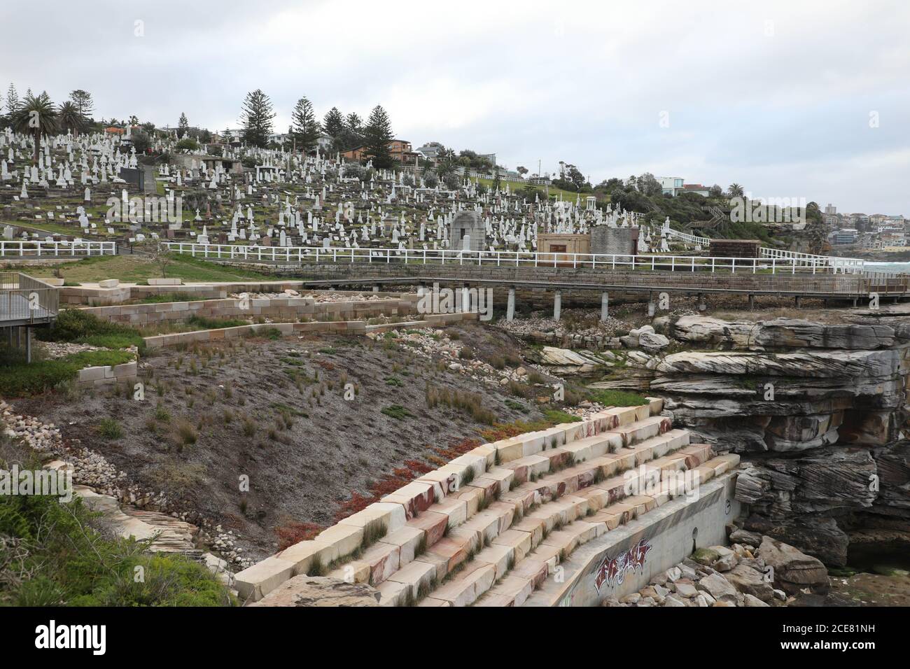 A section of the Bondi to Coogee Coastal Walk at Waverley Cemetery. Stock Photo