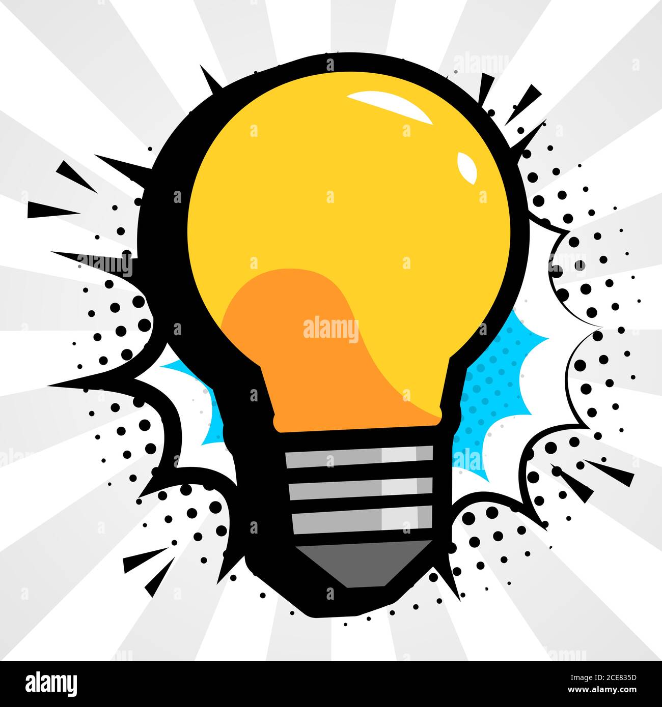Idea or concept vector with light bulb and exclamation point in cartoon or toon style. Ideals for brilliant new ideas, brain storming, presentations o Stock Vector