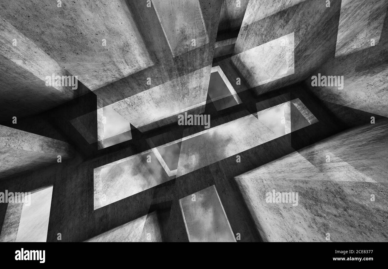 Abstract mixed media background, intersected dark concrete structures, digital  illustration with double exposure effect, 3d render Stock Photo
