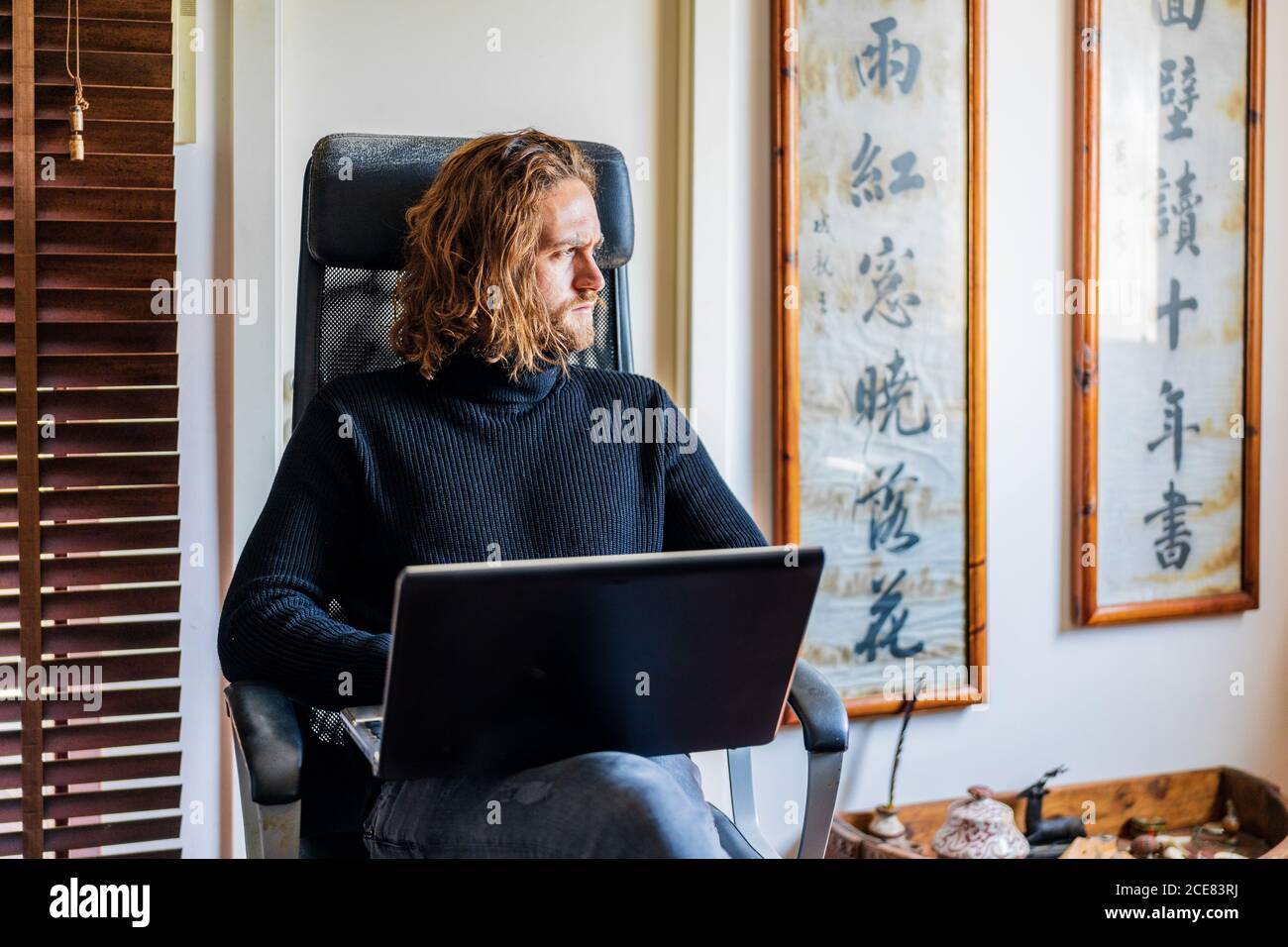 Handsome man working at desktop computer at home Stock Photo