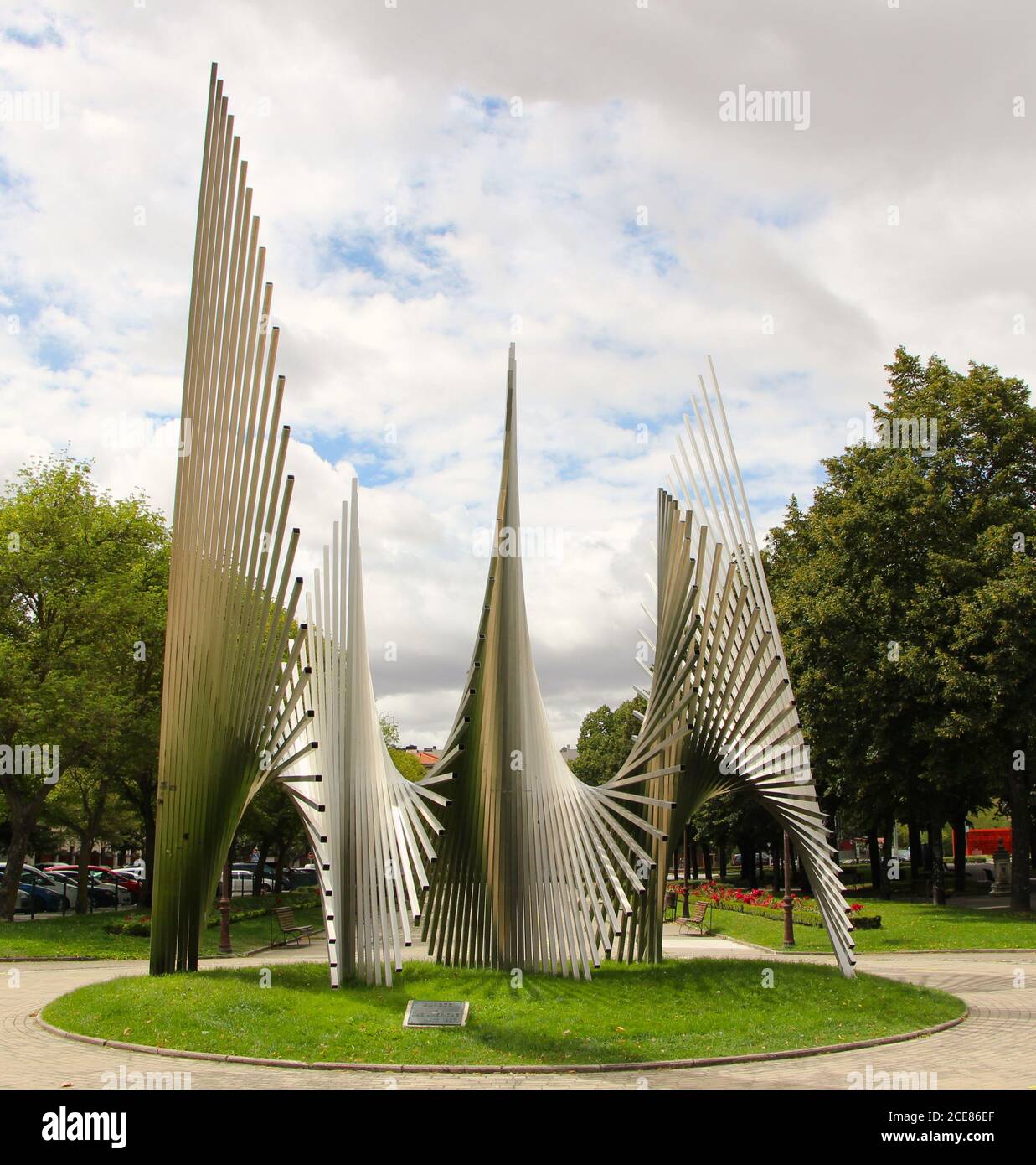Monument for the Americas stainless steel sculpture in the Garden of the Americas in Burgos Castile and Leon Spain Stock Photo
