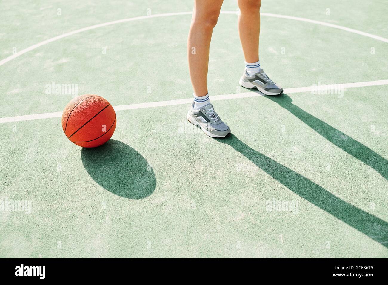 High angle of crop anonymous female basketball player standing near ball on marking line in center of court during training in sunny day Stock Photo