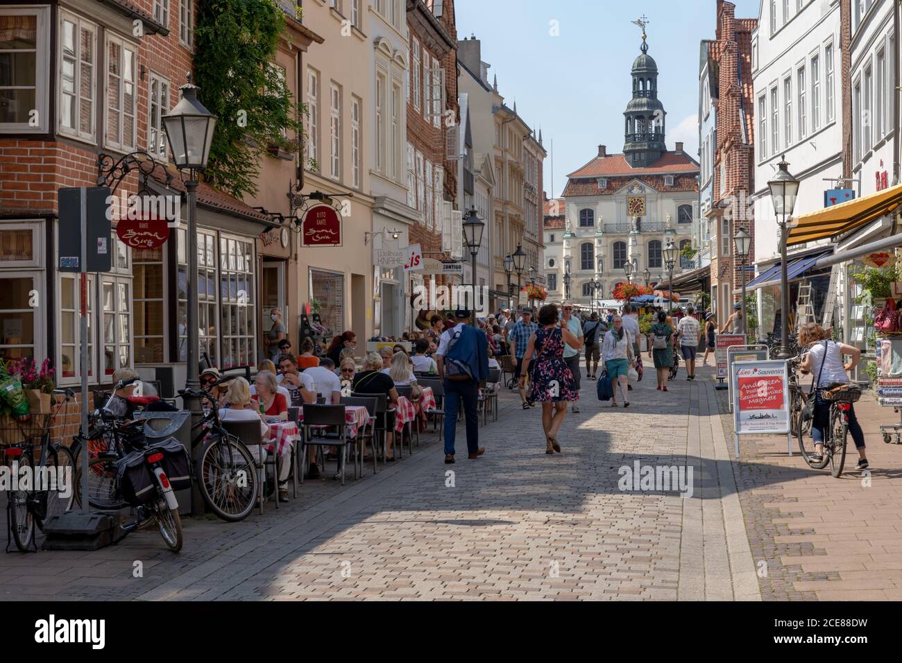 Lunenburg, LS, Germany - 8 August 2020: people enjoy a summer day in the historic old town of Lunenburg Stock Photo