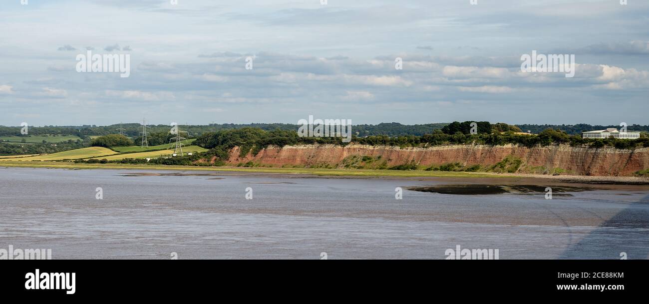 Severn View motorway services stand on a clifftop overlooking the River Severn Estuary and Severn Bridge in South Gloucestershire. Stock Photo
