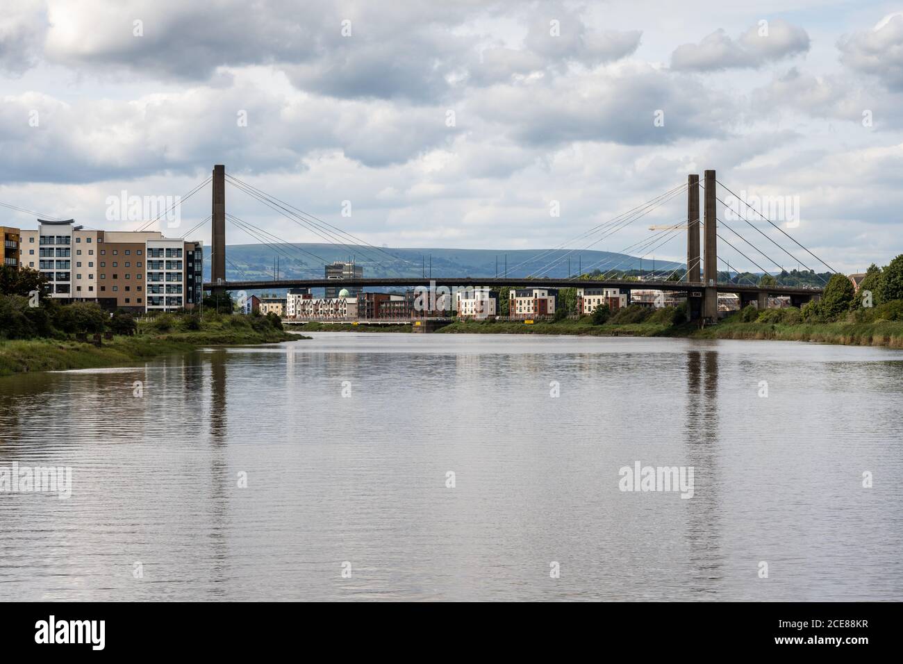 The George Street Bridge crosses the River Usk estuary in Newport, South Wales. Stock Photo