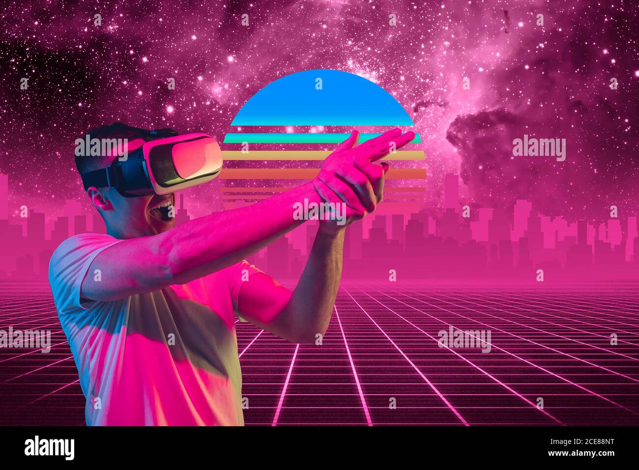 VR-playing. Beautiful background, synth wave and retro wave, vaporwave  futuristic aesthetics. Ultraviolet, man with device in glowing neon.  Stylish flyer for ad, offer, bright colors and city view Stock Photo - Alamy