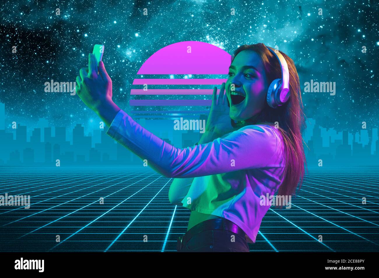 Music, blog. Beautiful background, synth wave and retro wave, vaporwave futuristic aesthetics. Ultraviolet, woman with device in glowing neon. Stylish flyer for ad, offer, bright colors and city view. Stock Photo