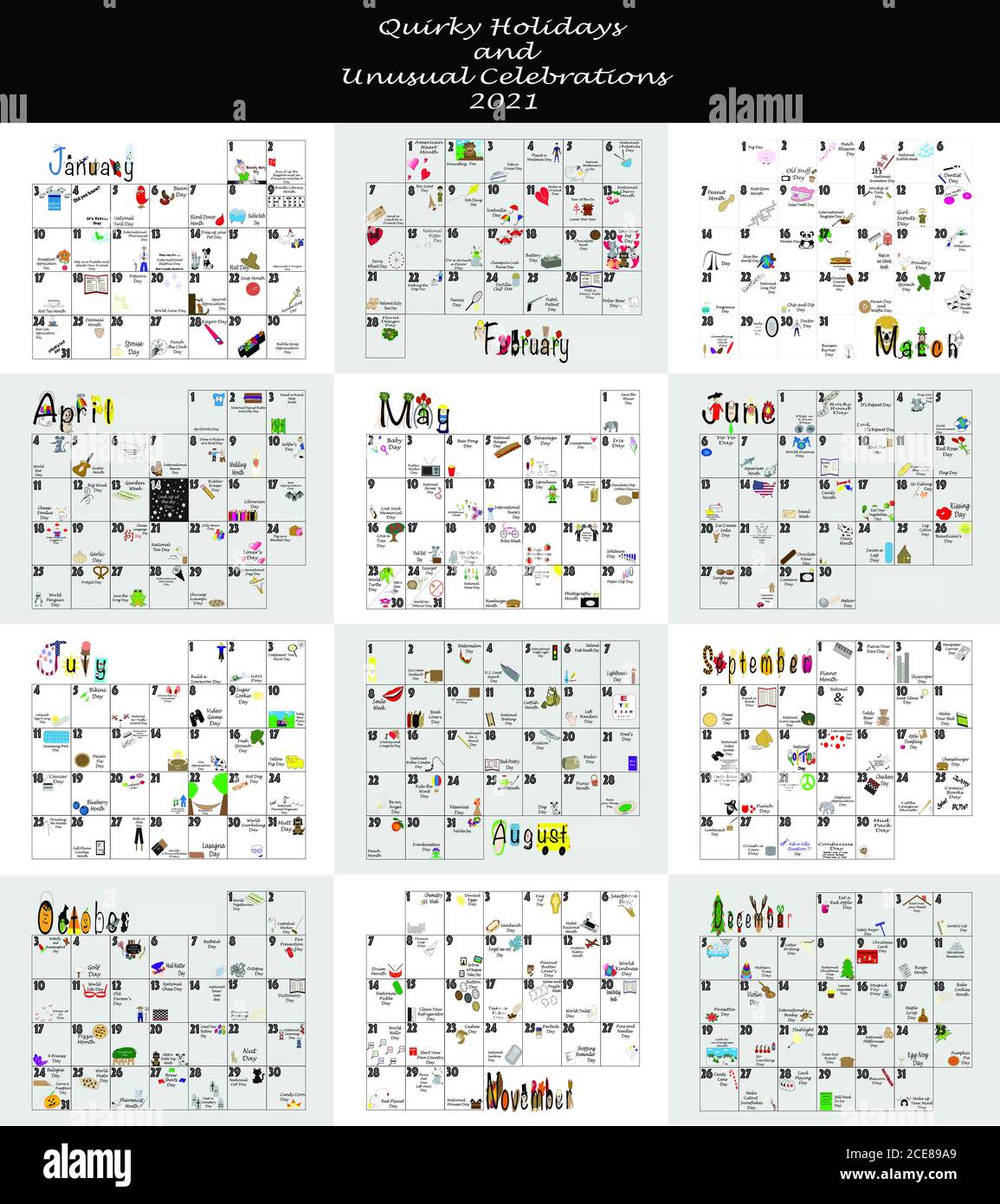 2021 wall calendar illustrated with quirky holidays and unusual