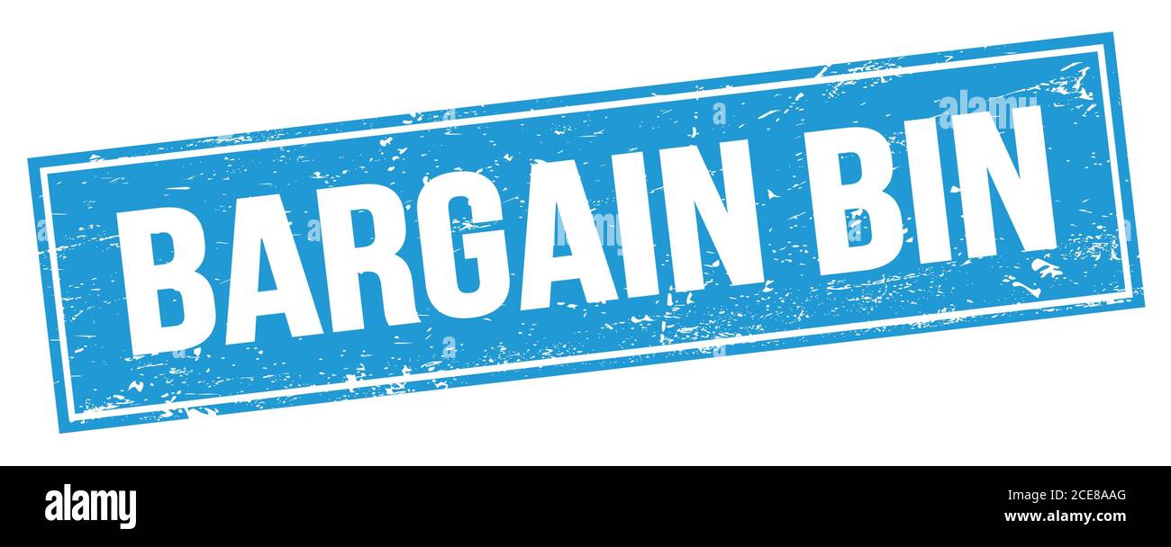 BARGAIN BIN text on blue grungy rectangle stamp sign. Stock Photo
