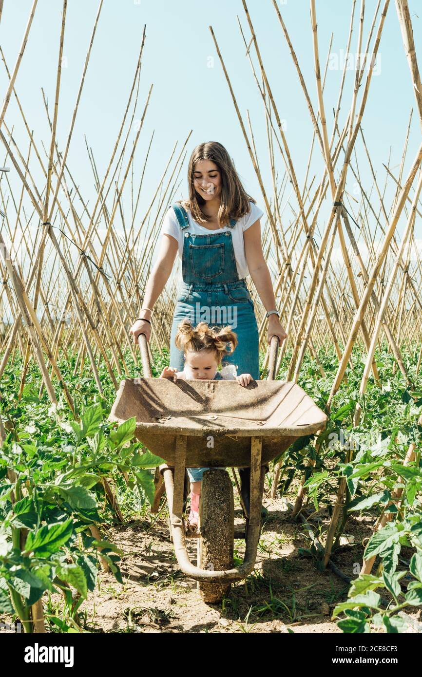 Happy girl and mother walking near wheelbarrow in garden Stock Photo ...