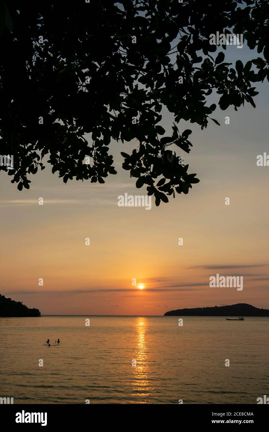 view from Koh Ta Kiev island  towards Koh Russei near Sihanoukville in Cambodia at sunset Stock Photo