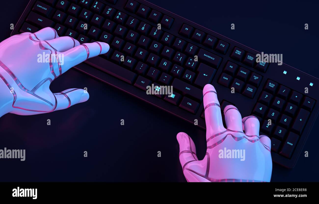 Robot hands typing on keyboard. Stock Photo