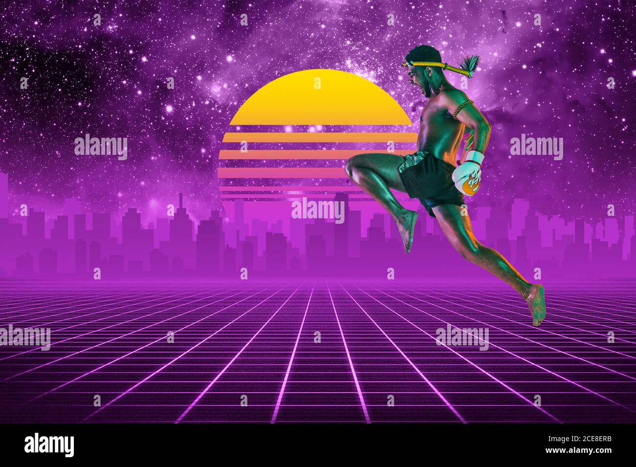 Martial Arts Beautiful Background Synth Wave And Retro Wave Vaporwave Futuristic Aesthetics Ultraviolet Sportsman In Glowing Neon Style Stylish Flyer For Ad Offer Bright Colors And City View Stock Photo Alamy