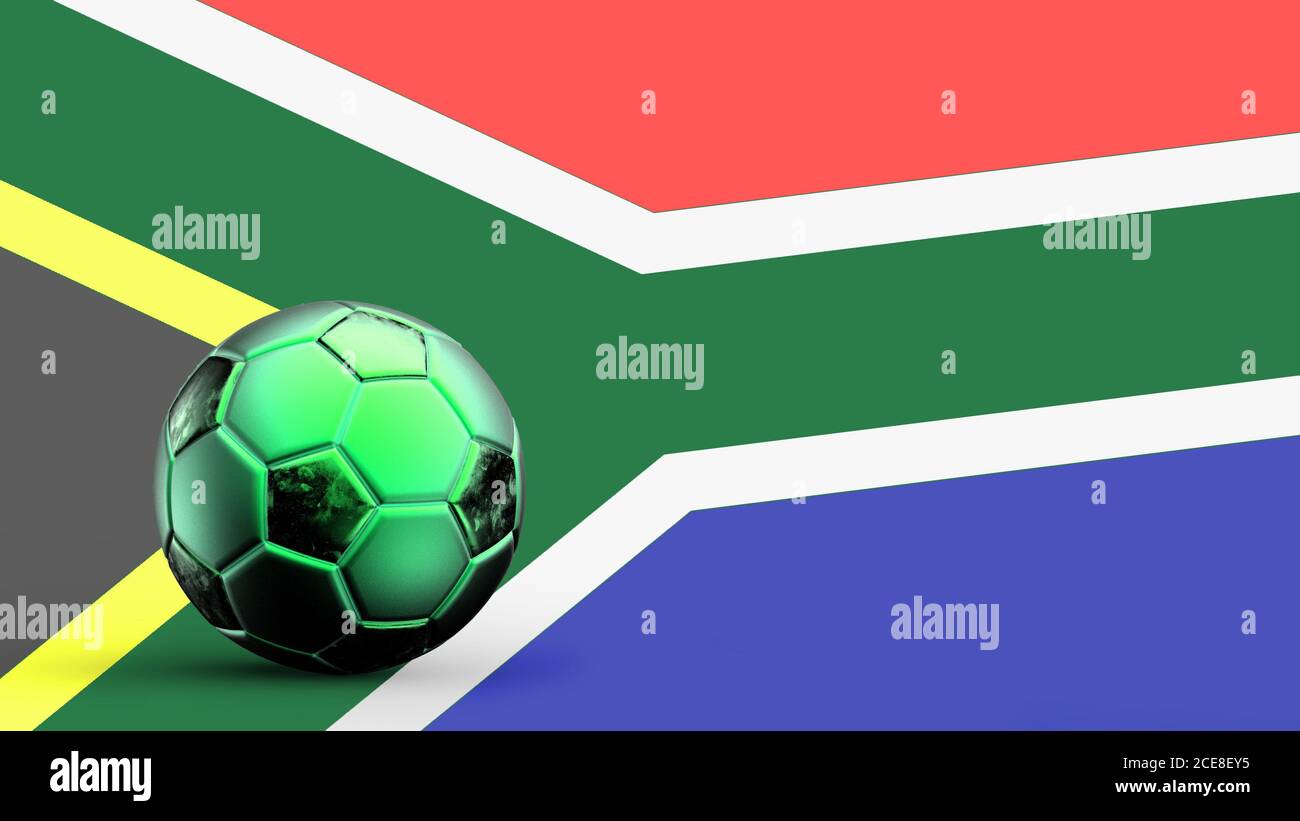 Flag of South Africa with metal soccer ball, national soccer flag, soccer world cup, football european soccer, american and african championship, 3d r Stock Photo