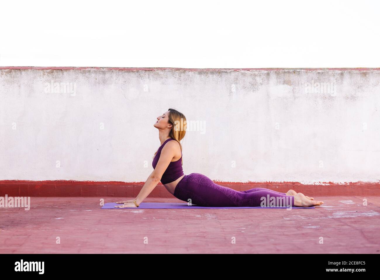 Side view of flexible female wearing bra and leggings practicing yoga in Cobra pose on mat on terrace Stock Photo
