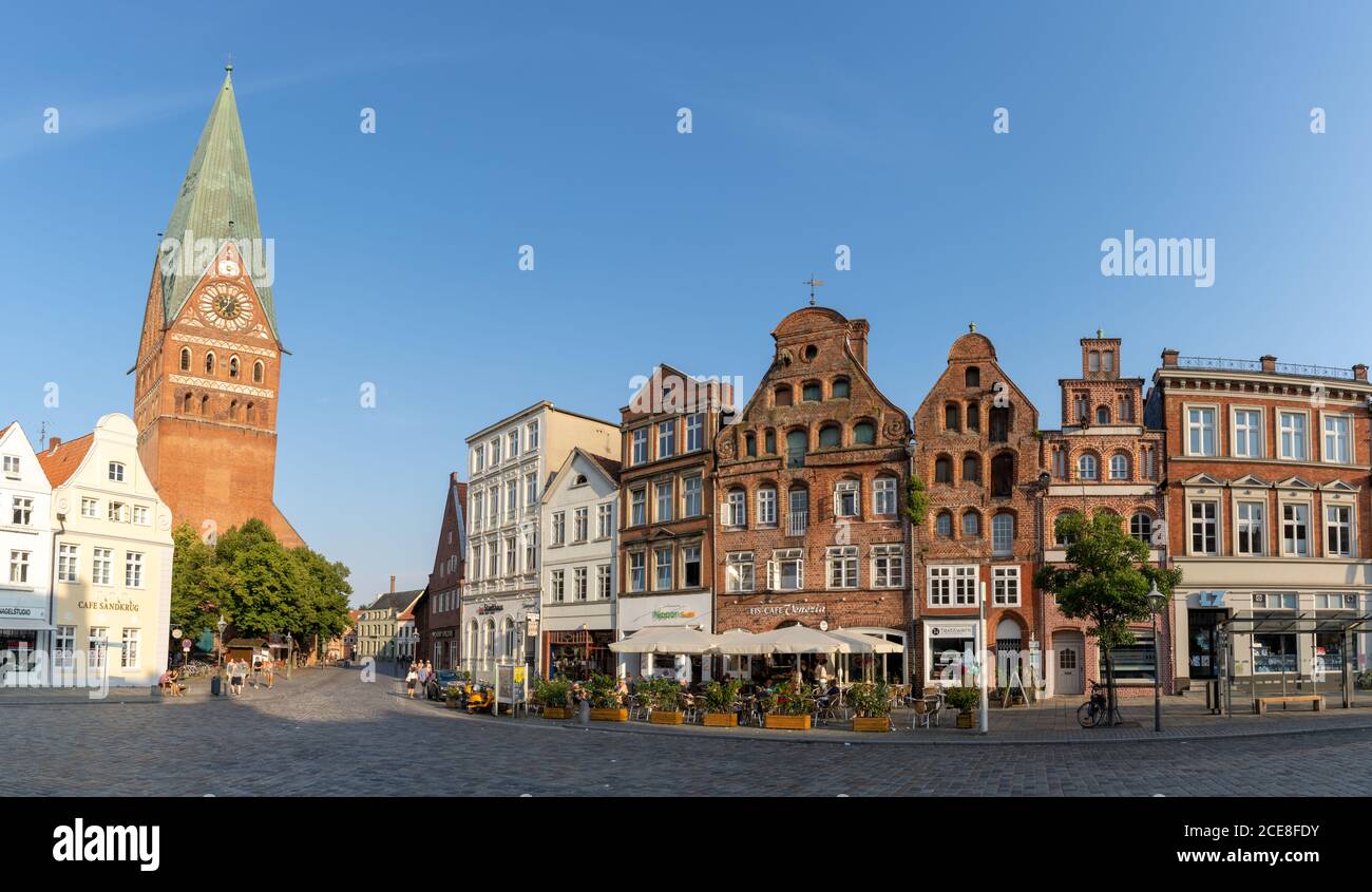 Lunenburg, LS, Germany - 8 August 2020: downtown Lunenburg with the historic city square and church Stock Photo