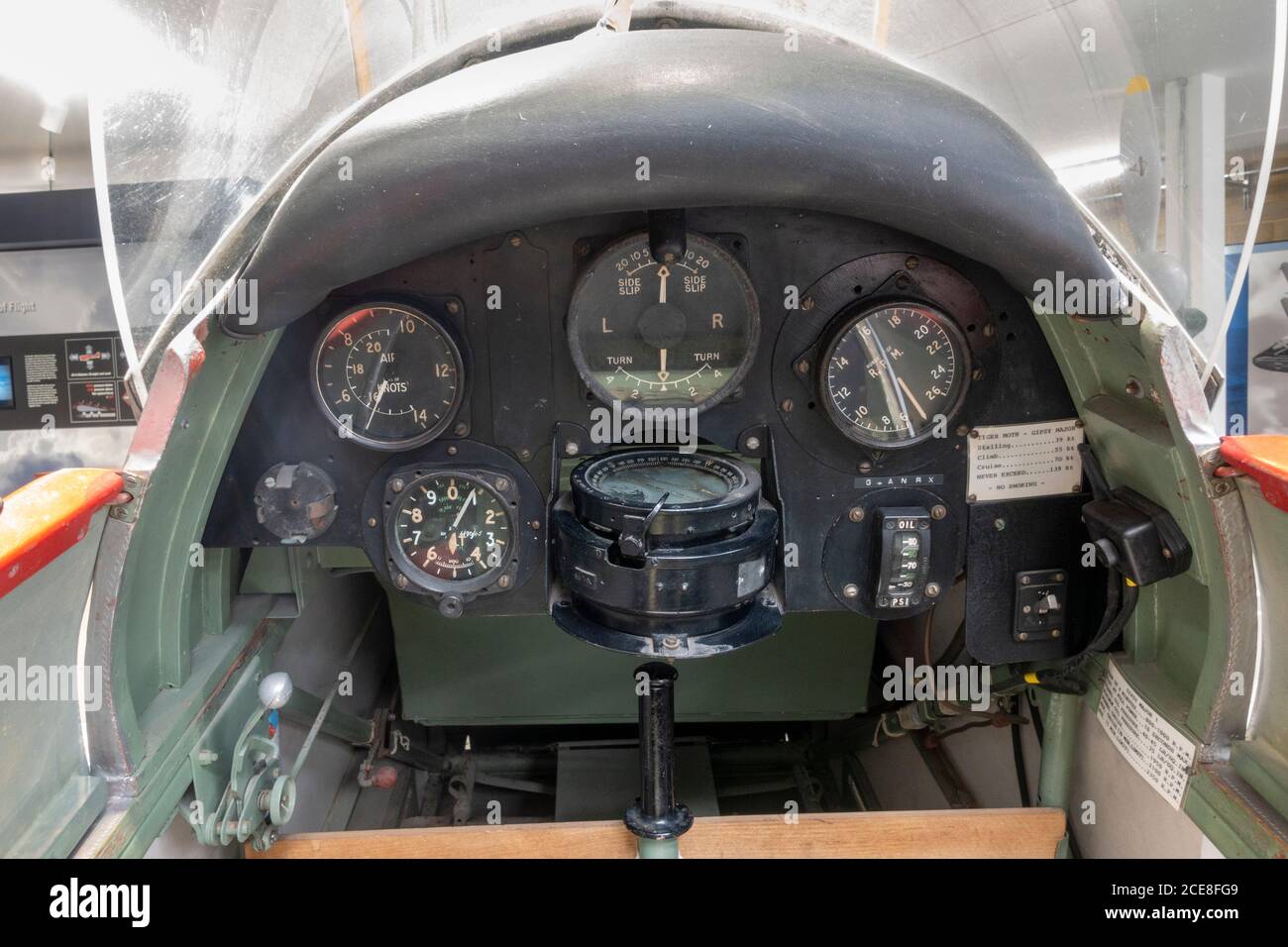 View inside the cockpit of a De Havilland DH 82A Tiger Moth on display in the De Havilland Museum, London Colney, UK. Stock Photo