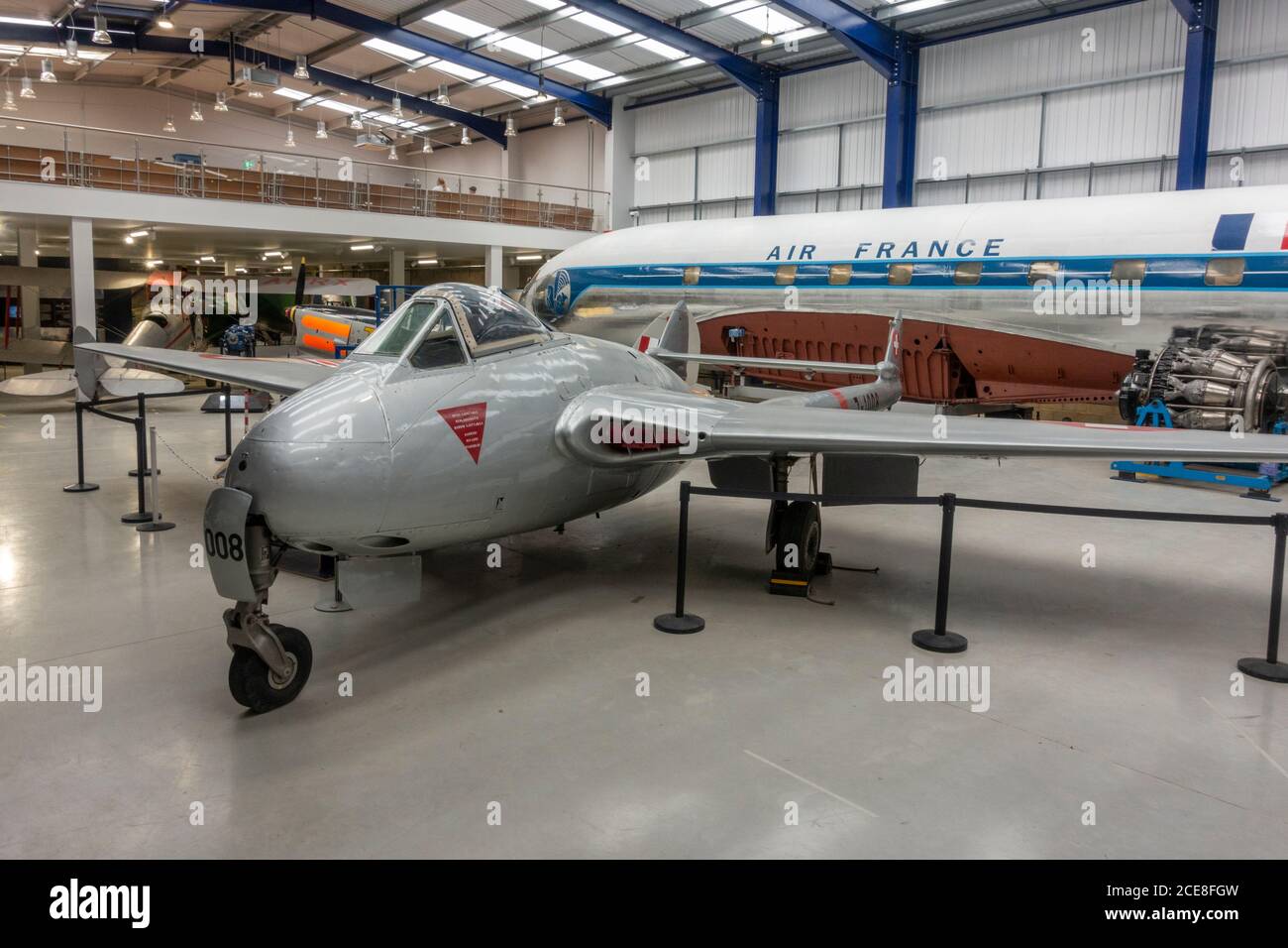 A De Havilland DH 100 Vampire FB.6, the company's first jet engine, on display in the De Havilland Museum, London Colney, UK. Stock Photo