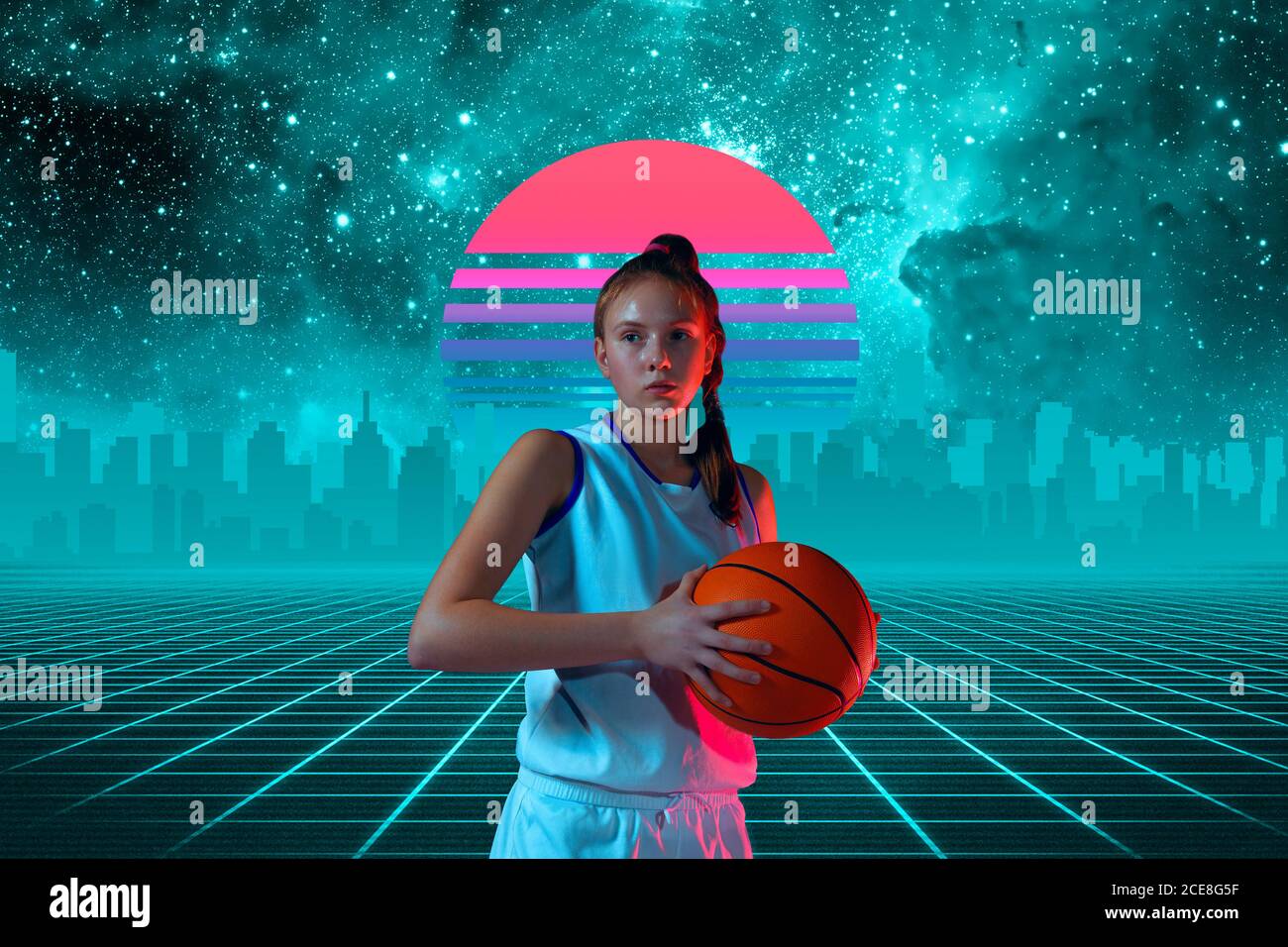 Basketball girl. Beautiful background, synth wave and retro wave